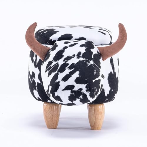 Home 2 Office Cow Ottoman for Kids' Bedroom, Playroom, Nursery, and Living Room, Animal Ottoman with Storage, Footstool for Kids, Black/White