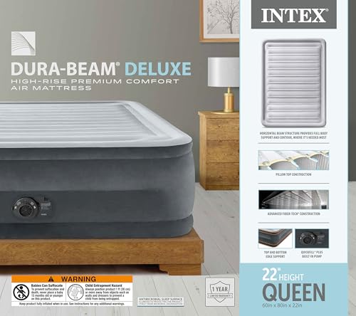 Intex 67765ED Dura-Beam Deluxe Comfort-Plush Mid-Rise Air Mattress : Fiber-Tech – Twin Size – Built-in Electric Pump – 13in Bed Height – 300lb Weight Capacity