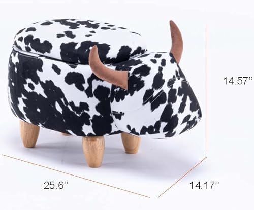 Home 2 Office Cow Ottoman for Kids' Bedroom, Playroom, Nursery, and Living Room, Animal Ottoman with Storage, Footstool for Kids, Black/White