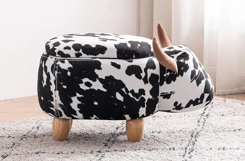Home 2 Office Cow Ottoman for Kids' Bedroom, Playroom, Nursery, and Living Room, Animal Ottoman with Storage, Footstool for Kids, Black/White
