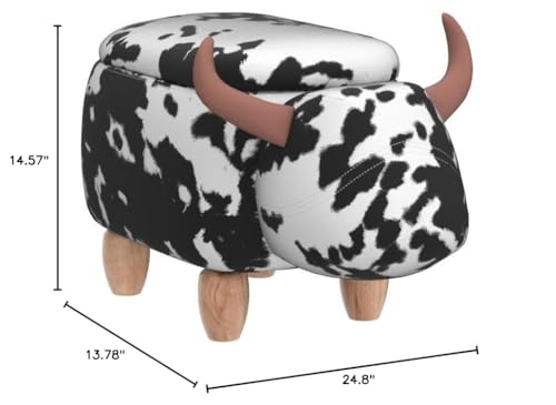 Home 2 Office Cow Ottoman for Kids' Bedroom, Playroom, Nursery, and Living Room, Animal Ottoman with Storage, Footstool for Kids, Black/White