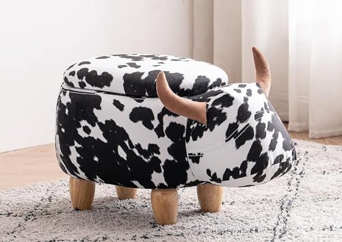 Home 2 Office Cow Ottoman for Kids' Bedroom, Playroom, Nursery, and Living Room, Animal Ottoman with Storage, Footstool for Kids, Black/White