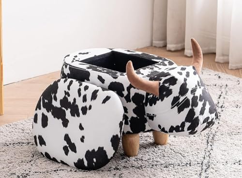 Home 2 Office Cow Ottoman for Kids' Bedroom, Playroom, Nursery, and Living Room, Animal Ottoman with Storage, Footstool for Kids, Black/White