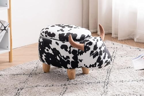 Home 2 Office Cow Ottoman for Kids' Bedroom, Playroom, Nursery, and Living Room, Animal Ottoman with Storage, Footstool for Kids, Black/White
