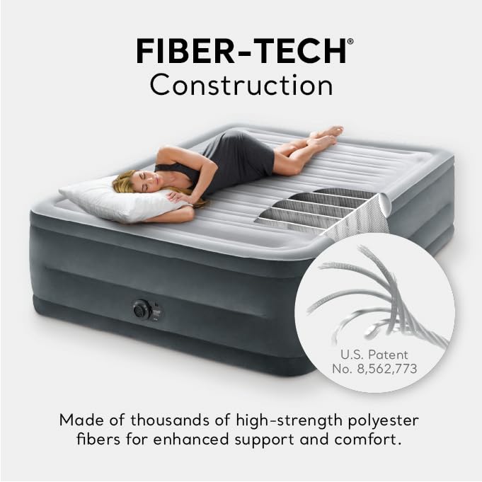Intex 67765ED Dura-Beam Deluxe Comfort-Plush Mid-Rise Air Mattress : Fiber-Tech – Twin Size – Built-in Electric Pump – 13in Bed Height – 300lb Weight Capacity