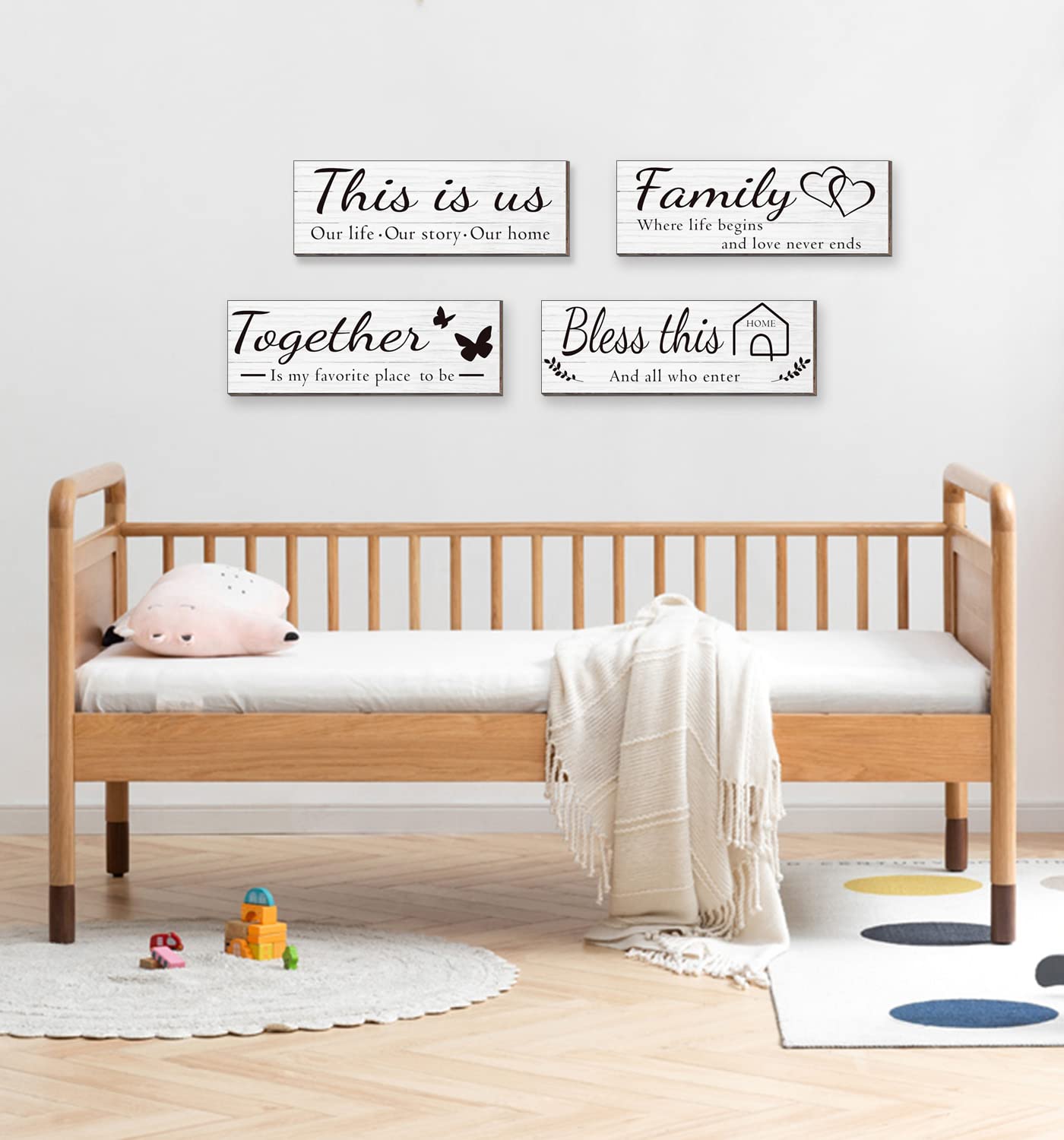 4 Pieces Home Wall Signs, THIS IS US/TOGETHER/BLESS THIS HOME/FAMILY Wall Decor For Living Room Bedroom, Rustic Wooden Farmhouse Wall Art , 4.7 x 13.8 Inch(Brown)
