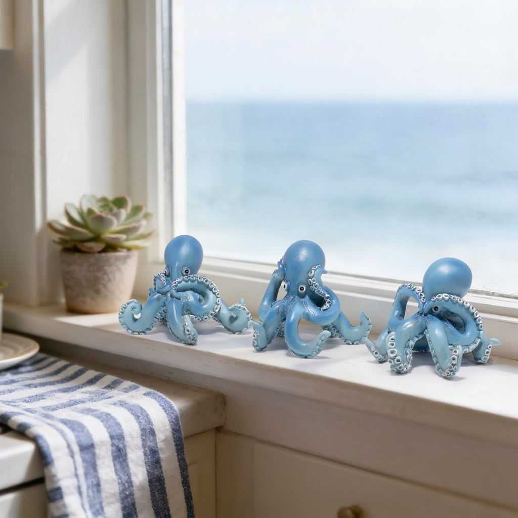 Hodao Octopus Figurines, See No Evil Hear No Evil Speak No Evil Octopus Statues, Cute Resin Octopus Decor for Home Office Desk Shelf, Unique Gift for Animal Lovers & Zen Decor Enthusiasts (Blue)