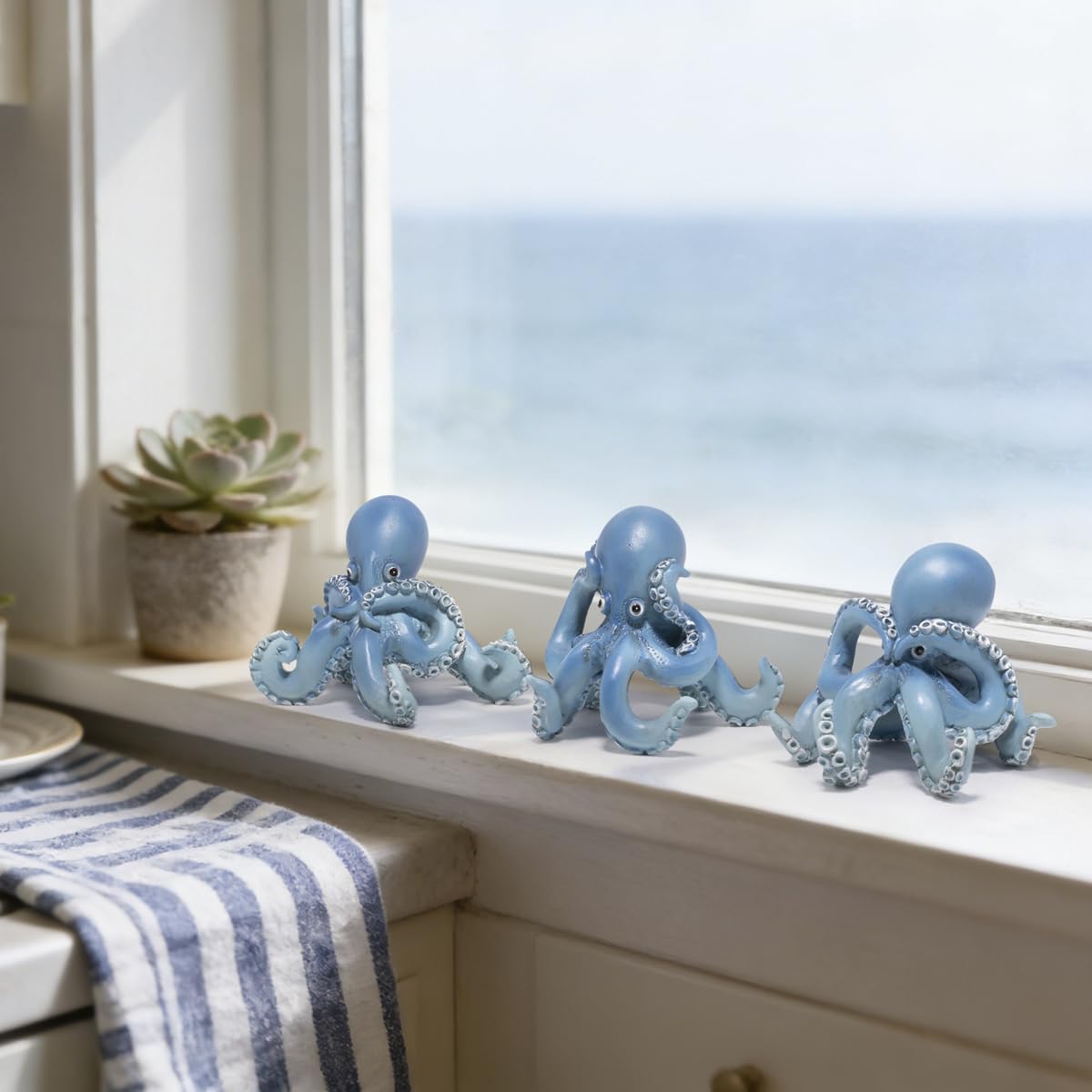 Hodao Octopus Figurines, See No Evil Hear No Evil Speak No Evil Octopus Statues, Cute Resin Octopus Decor for Home Office Desk Shelf, Unique Gift for Animal Lovers & Zen Decor Enthusiasts (Blue)