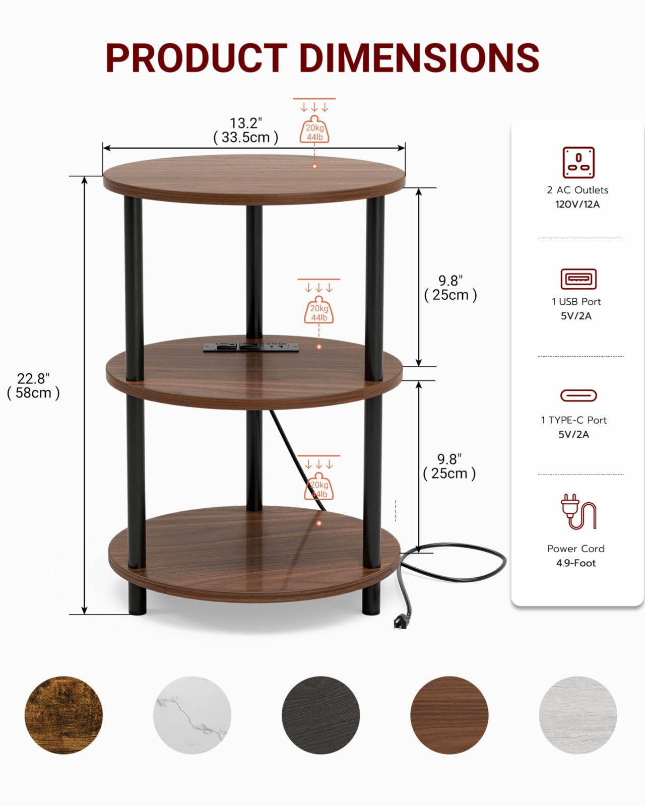 Small Round Coffee Table - 3 Tier Design Accent Table, Narrow Side or Bedside Stand, Industrial Vintage Nightstand for Bedroom, Living Room, or Small Spaces, Rustic Brown