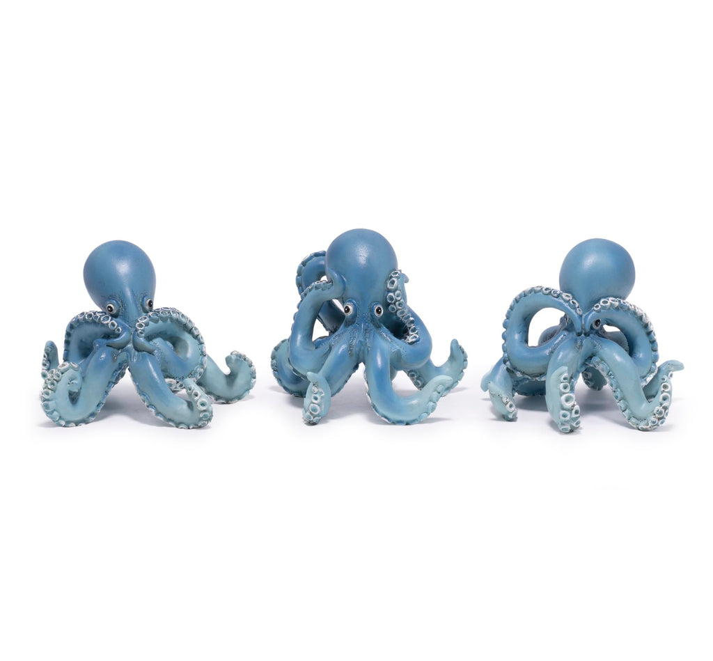 Hodao Octopus Figurines, See No Evil Hear No Evil Speak No Evil Octopus Statues, Cute Resin Octopus Decor for Home Office Desk Shelf, Unique Gift for Animal Lovers & Zen Decor Enthusiasts (Blue)