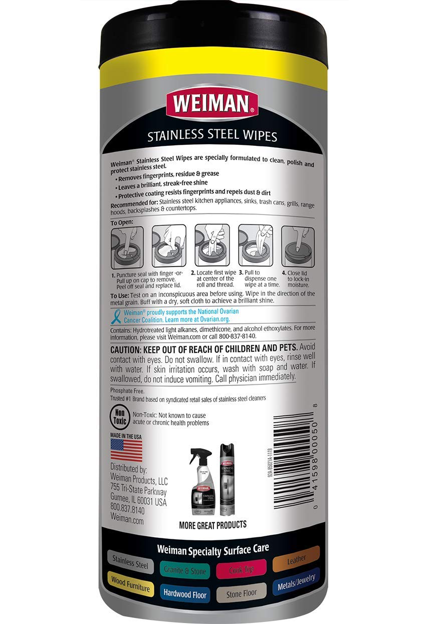 Weiman Stainless Steel Cleaner and Polish Wipes, 30 Count