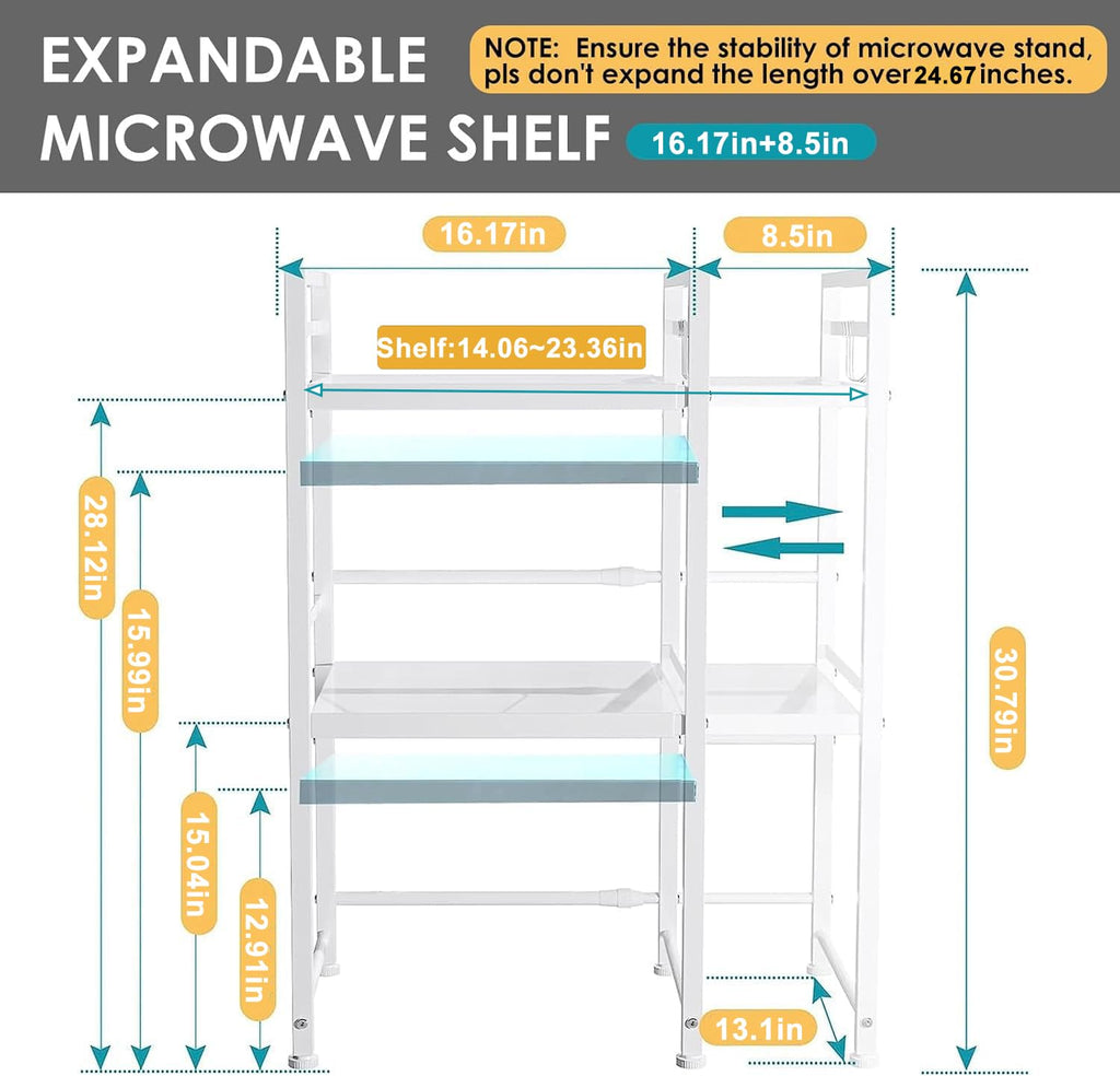 DOLALIKE Microwave Oven Rack, Expandable Microwave Stand Countertop Kitchen Utensils Tableware Storage, Carbon Steel Over Microwave Shelf Countertop with 3 Hooks