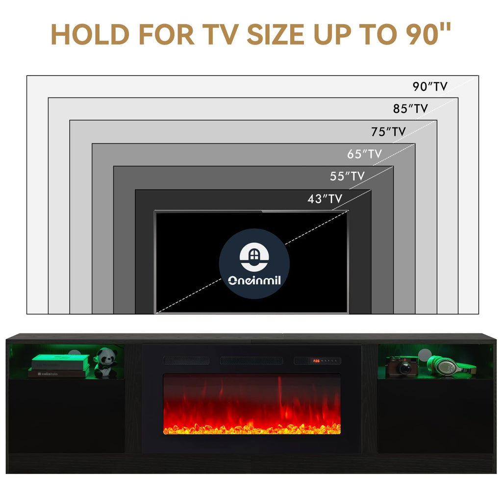 oneinmil Fireplace TV Stand with 36" Electric Fireplace, LED Light Entertainment Center, Modern Wood Texture Entertainment Stand with Highlight Storage Cabinet for TVs Up to 80", 70 inches, Black