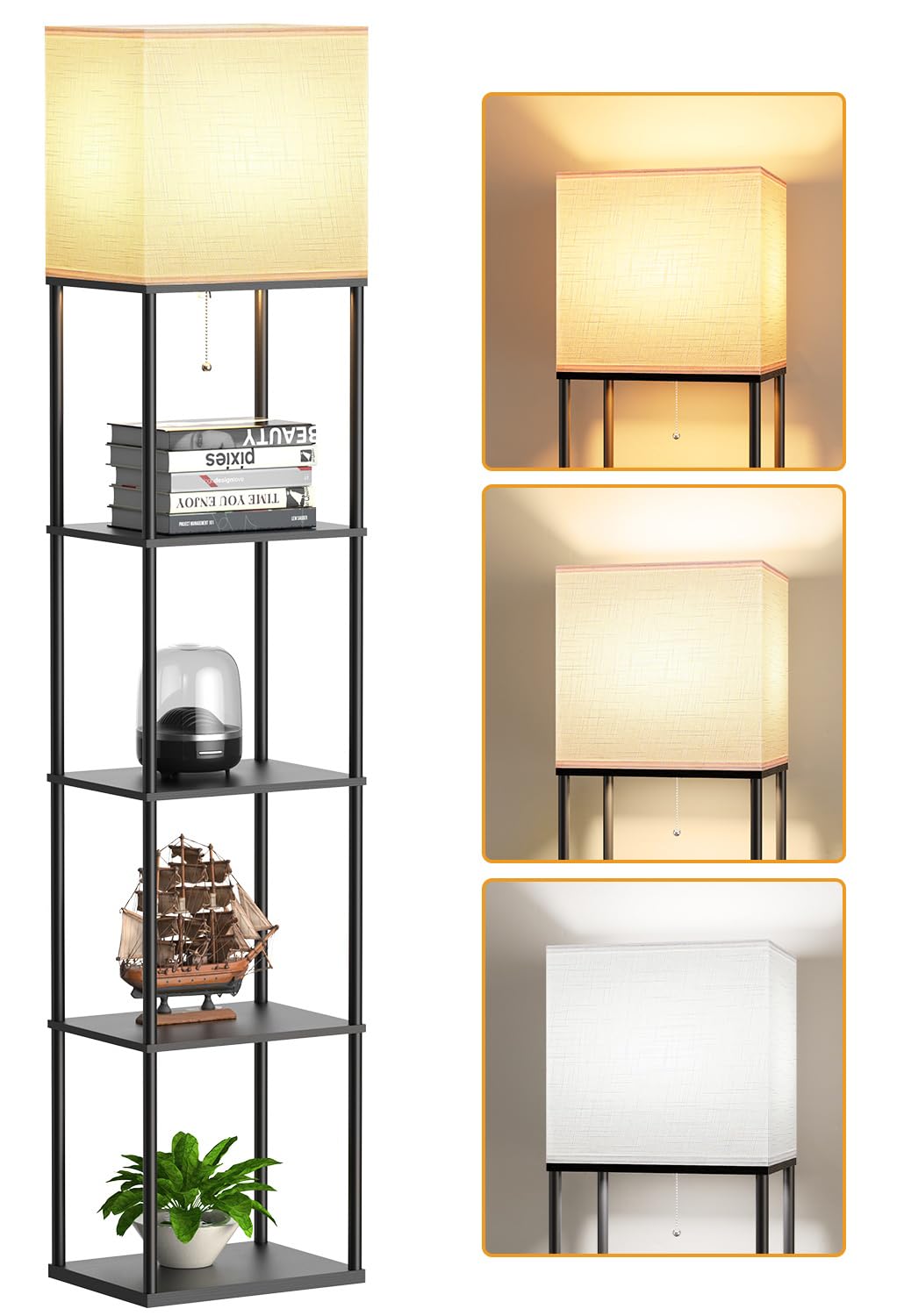 Floor Lamp with Shelves for Living Room, Shelf Floor Lamp with 3 CCT LED Bulb, Corner Display Standing Column Lamp Etagere Organizer Tower Nightstand with White Linen Shade for Bedroom, Office