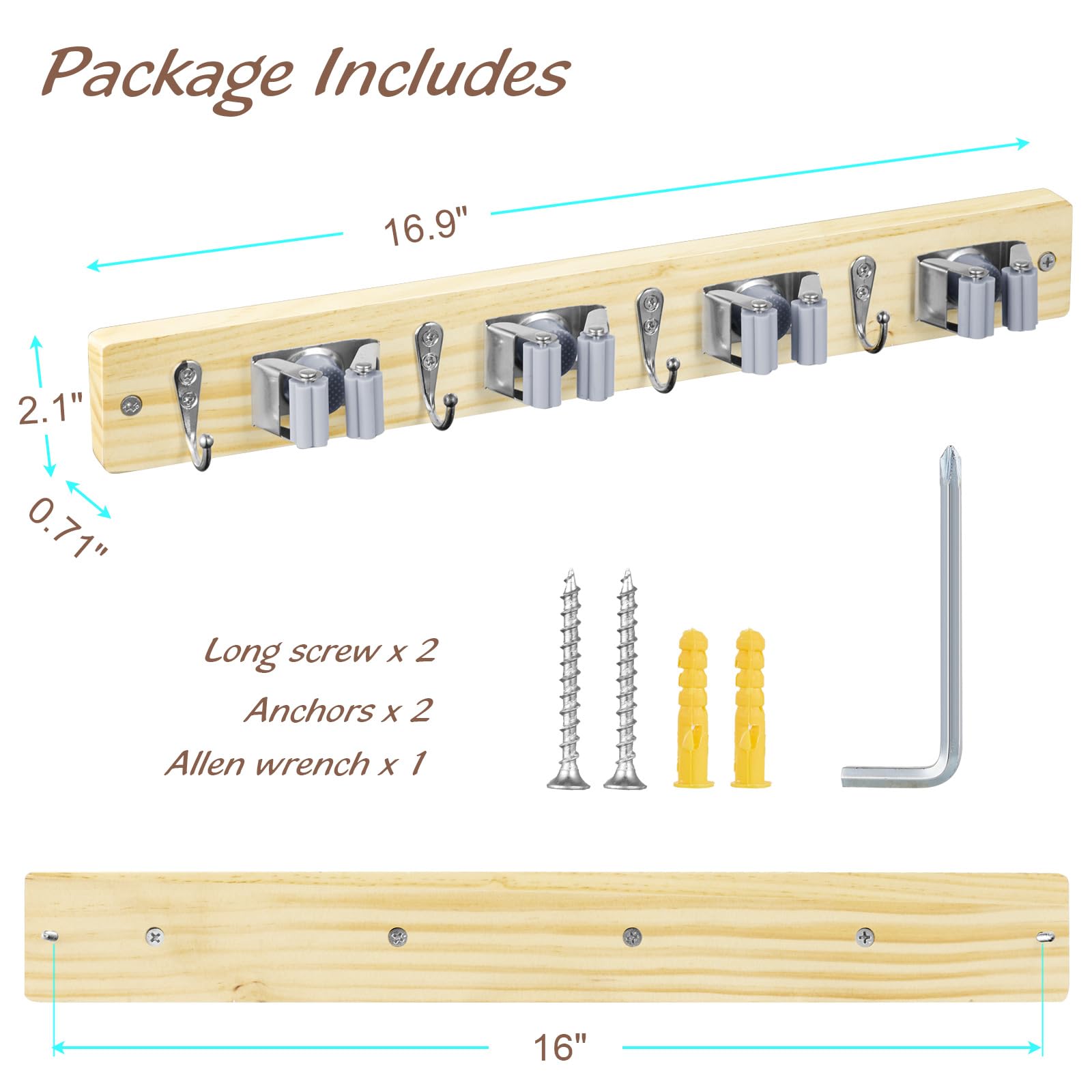 Mop and Broom Holder Wall Mount - Rustic Wood Broom Mop Hanger - Wall Mounted Garden Tool Rack Organizer for Closet Garage Laundry Room Kitchen Decor With 4 Slots & 4 Hooks