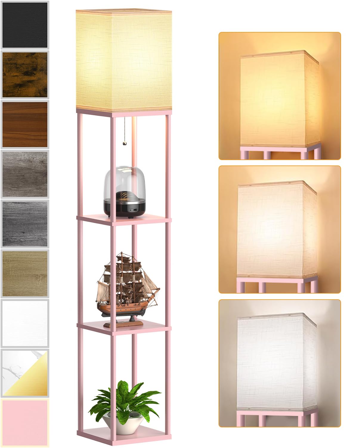 Floor Lamp with Shelves for Living Room, Shelf Floor Lamp with 3 CCT LED Bulb, Corner Display Standing Column Lamp Etagere Organizer Tower Nightstand with White Linen Shade for Bedroom, Office