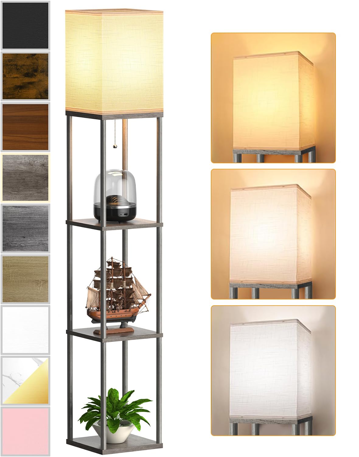 Floor Lamp with Shelves for Living Room, Shelf Floor Lamp with 3 CCT LED Bulb, Corner Display Standing Column Lamp Etagere Organizer Tower Nightstand with White Linen Shade for Bedroom, Office