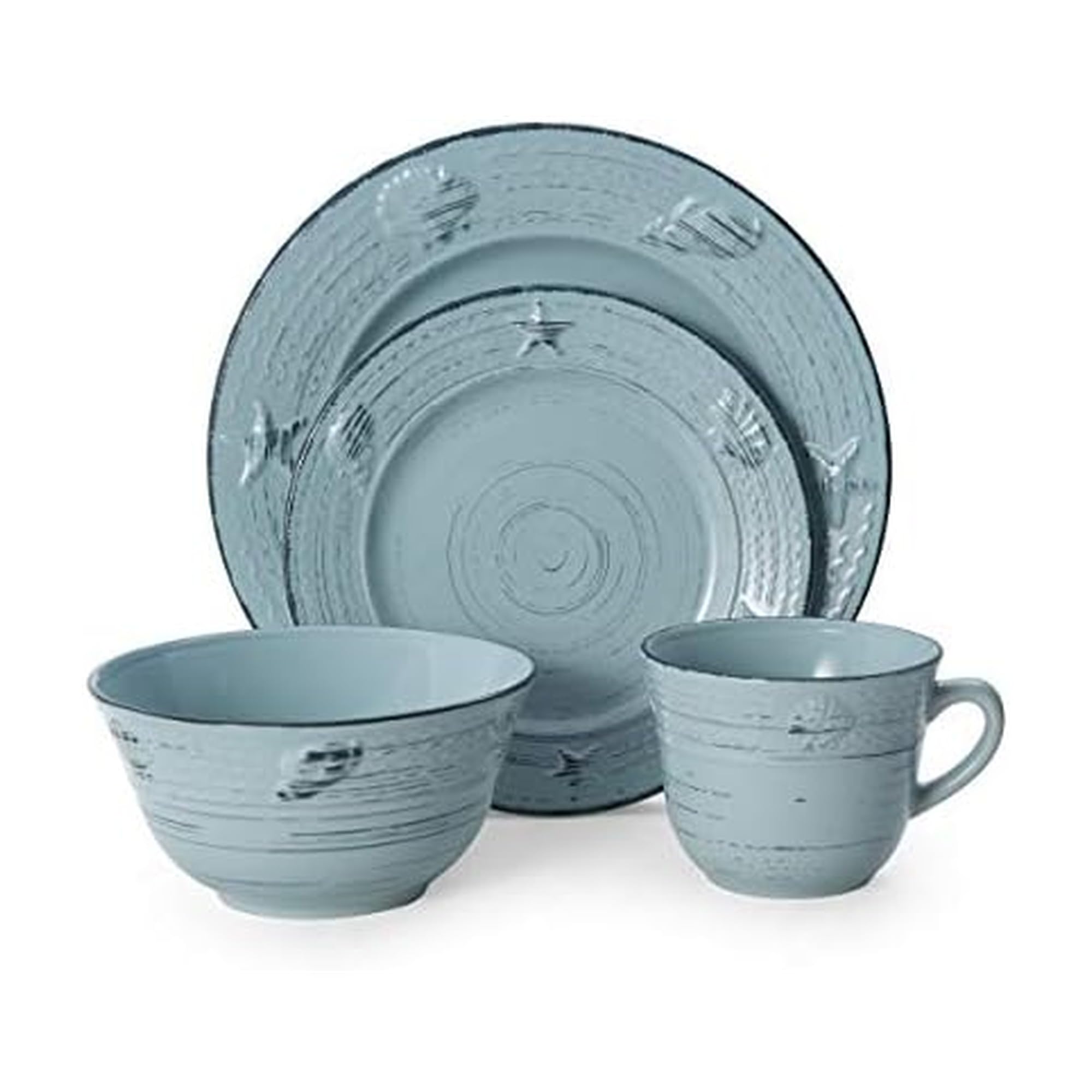 Pfaltzgraff Trellis White 16-Piece Stoneware Dinnerware Set, Service for 4, Distressed White Finish, Microwave & Dishwasher Safe Plates and Bowls