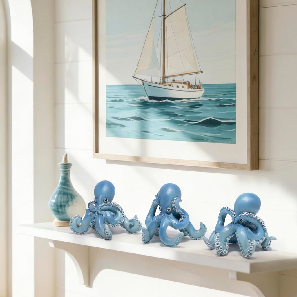 Hodao Octopus Figurines, See No Evil Hear No Evil Speak No Evil Octopus Statues, Cute Resin Octopus Decor for Home Office Desk Shelf, Unique Gift for Animal Lovers & Zen Decor Enthusiasts (Blue)