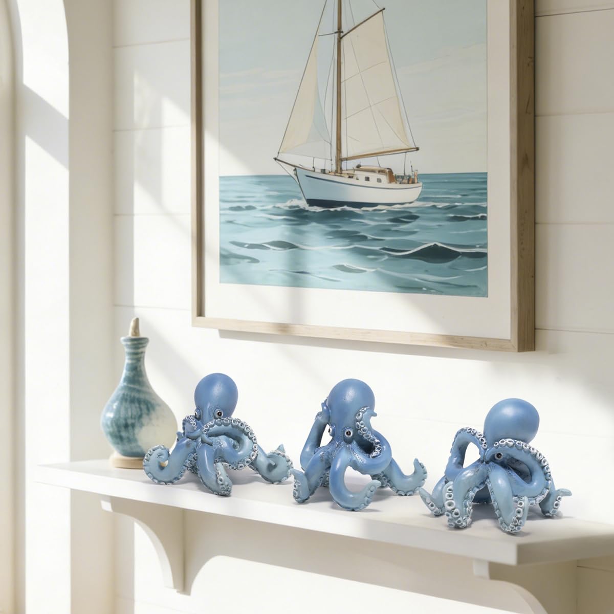 Hodao Octopus Figurines, See No Evil Hear No Evil Speak No Evil Octopus Statues, Cute Resin Octopus Decor for Home Office Desk Shelf, Unique Gift for Animal Lovers & Zen Decor Enthusiasts (Blue)