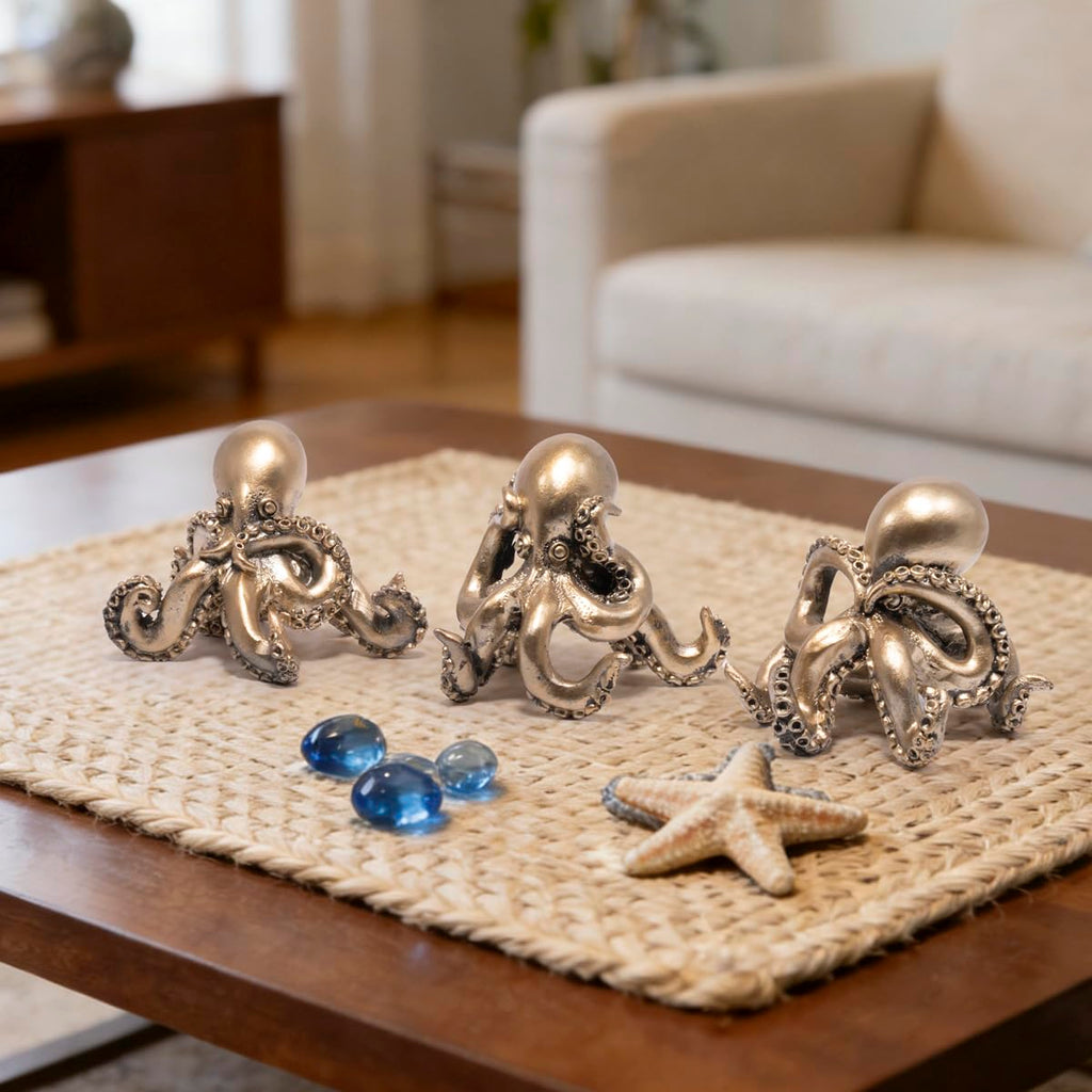 Hodao Octopus Figurines, See No Evil Hear No Evil Speak No Evil Octopus Statues, Cute Resin Octopus Decor for Home Office Desk Shelf, Unique Gift for Animal Lovers & Zen Decor Enthusiasts (Blue)