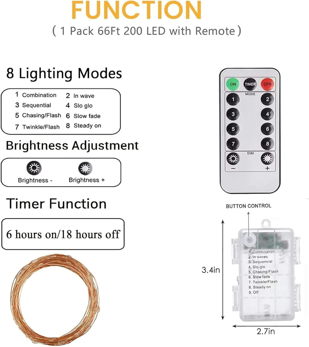 66Ft 200 LED Fairy Lights Plug in, Waterproof String Lights Outdoor & Indoor 8 Modes Christmas Light Bedroom Decor, Timer Twinkle Lights for Girl's Room Garden Party Christmas Decorations (Warm White)