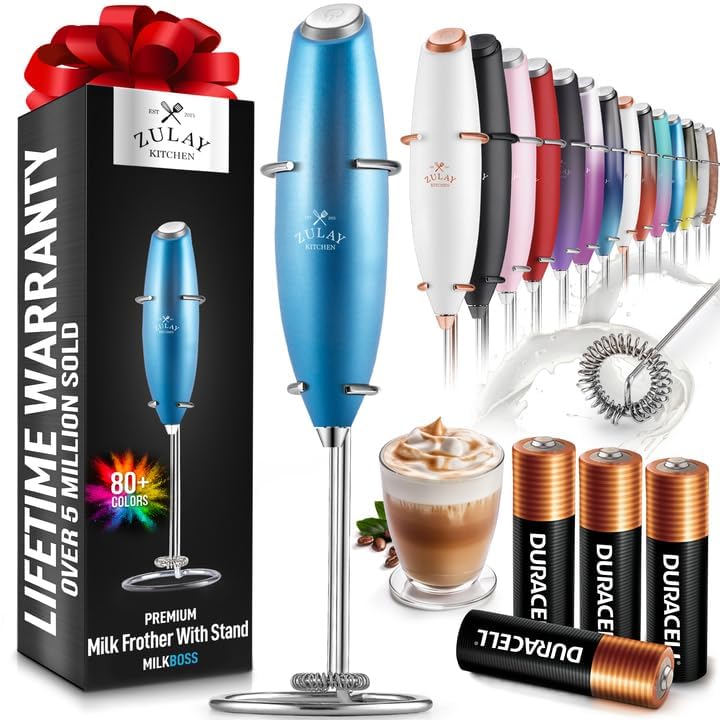Zulay Kitchen Powerful Milk Frother Wand With 2 Duracell Batteries - Ultra Fast Handheld Drink Mixer - Electric Whisk Foam Maker for Coffee, Lattes, Cappuccino, Matcha, Hot Chocolate & Creamer - Black