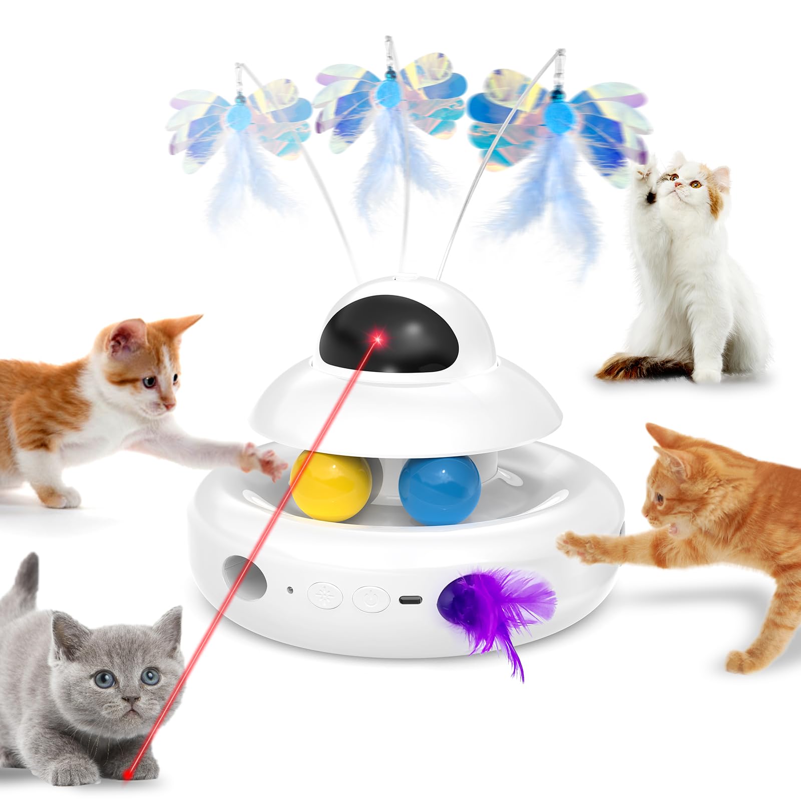 Interactive Cat Toys for Indoor Cats,4-in-1 Automatic Kitten Toy with Laser, Fluttering Butterfly, Moving Feather & Track Balls, USB Rechargeable Self-Play Electronic Toy for Kittens & Adults