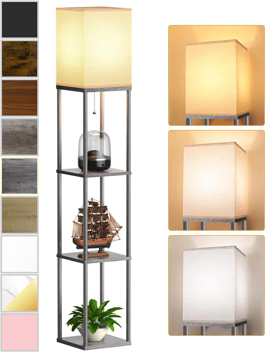 Floor Lamp with Shelves for Living Room, Shelf Floor Lamp with 3 CCT LED Bulb, Corner Display Standing Column Lamp Etagere Organizer Tower Nightstand with White Linen Shade for Bedroom, Office