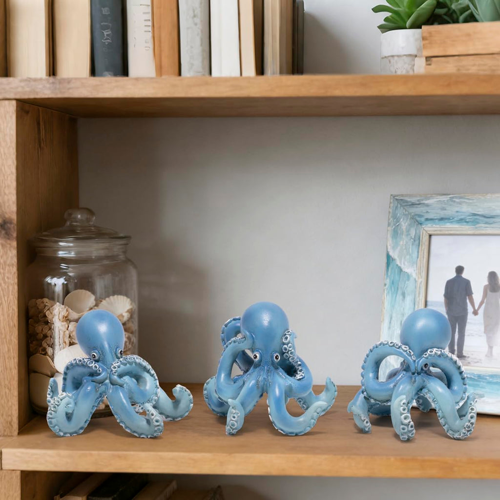 Hodao Octopus Figurines, See No Evil Hear No Evil Speak No Evil Octopus Statues, Cute Resin Octopus Decor for Home Office Desk Shelf, Unique Gift for Animal Lovers & Zen Decor Enthusiasts (Blue)