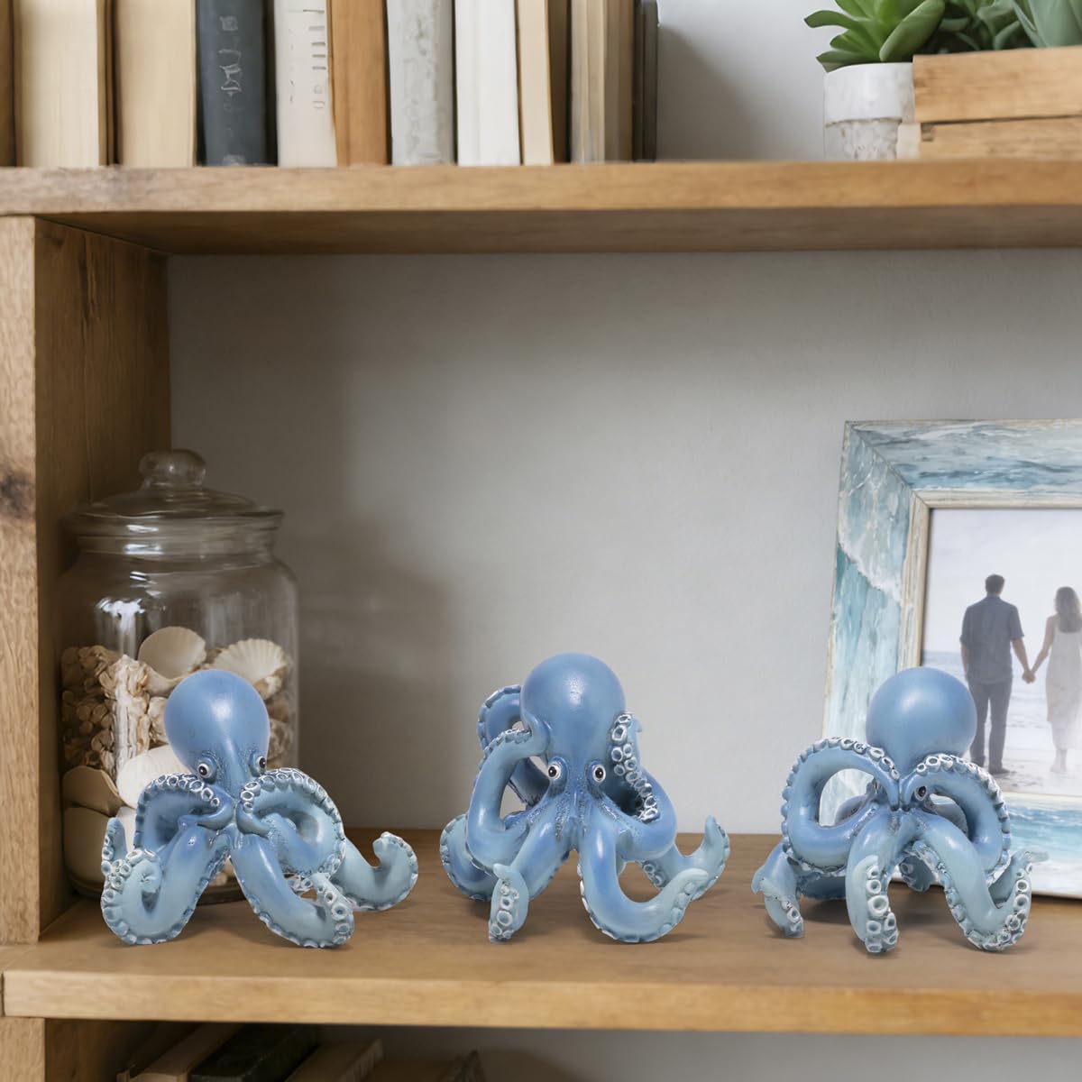 Hodao Octopus Figurines, See No Evil Hear No Evil Speak No Evil Octopus Statues, Cute Resin Octopus Decor for Home Office Desk Shelf, Unique Gift for Animal Lovers & Zen Decor Enthusiasts (Blue)