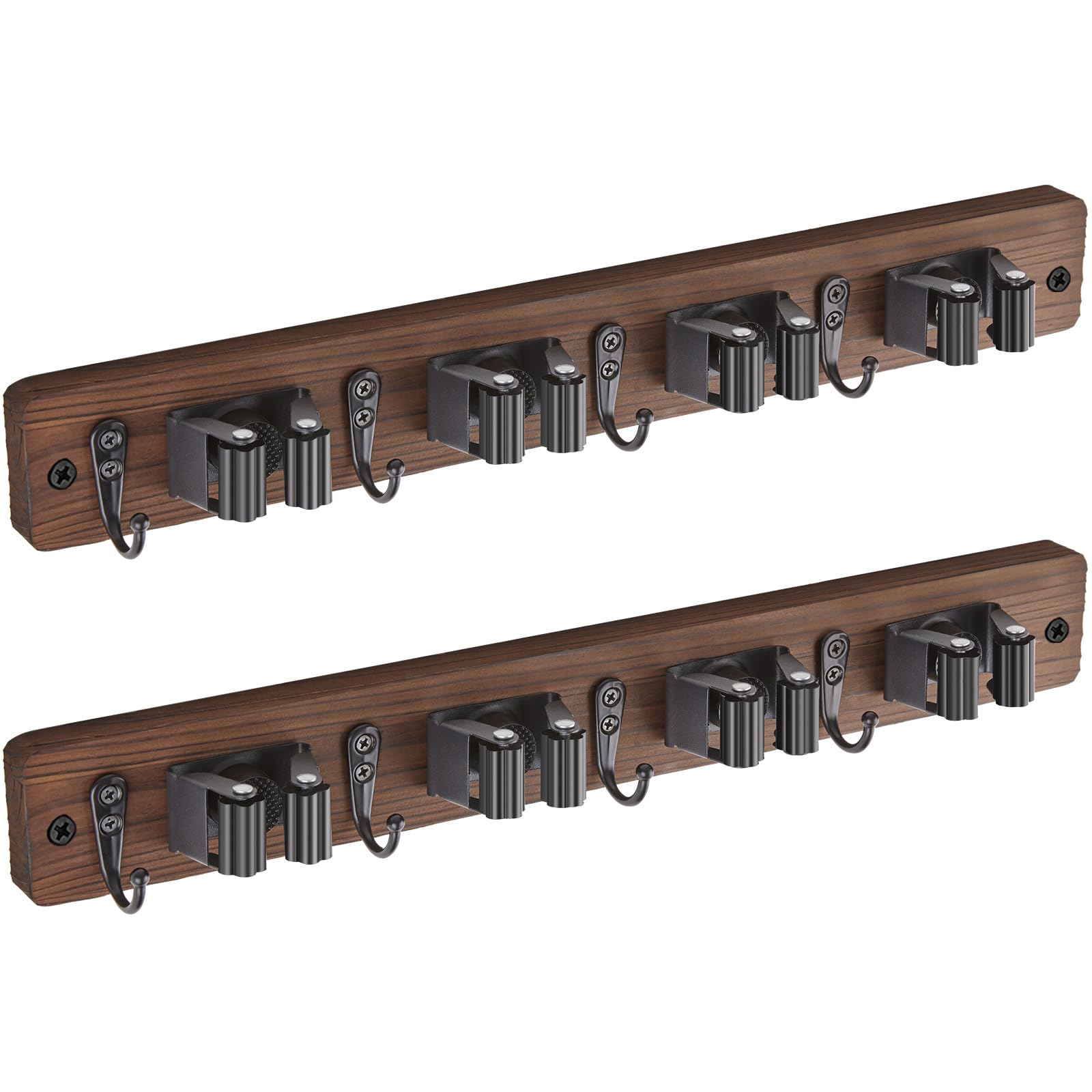 Mop and Broom Holder Wall Mount - Rustic Wood Broom Mop Hanger - Wall Mounted Garden Tool Rack Organizer for Closet Garage Laundry Room Kitchen Decor With 4 Slots & 4 Hooks