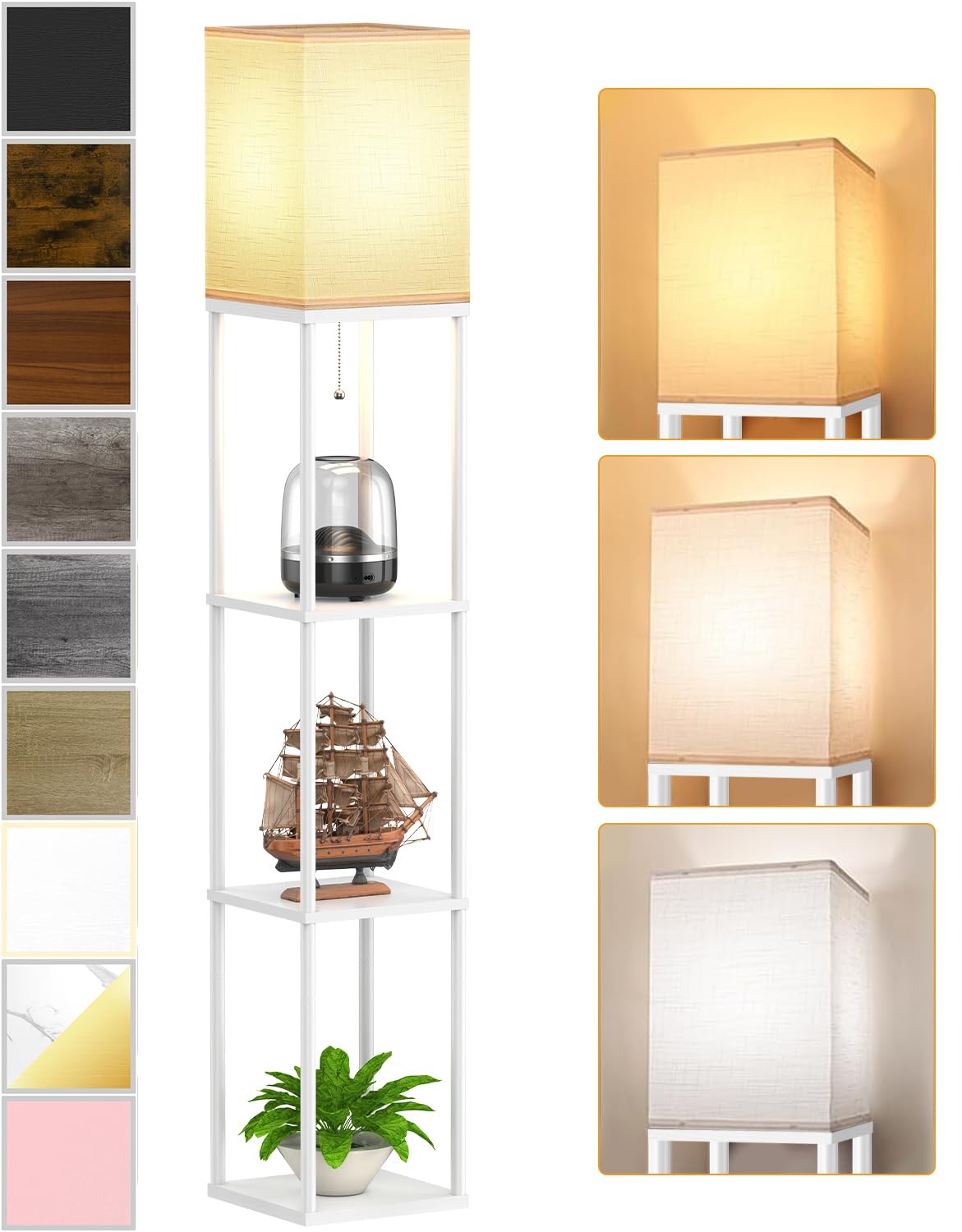Floor Lamp with Shelves for Living Room, Shelf Floor Lamp with 3 CCT LED Bulb, Corner Display Standing Column Lamp Etagere Organizer Tower Nightstand with White Linen Shade for Bedroom, Office