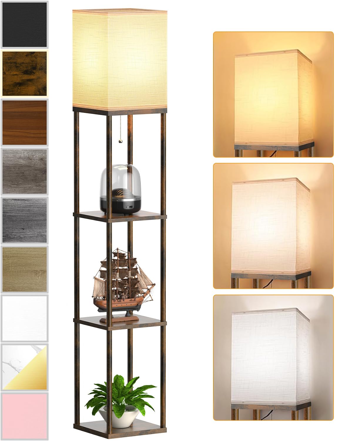 Floor Lamp with Shelves for Living Room, Shelf Floor Lamp with 3 CCT LED Bulb, Corner Display Standing Column Lamp Etagere Organizer Tower Nightstand with White Linen Shade for Bedroom, Office