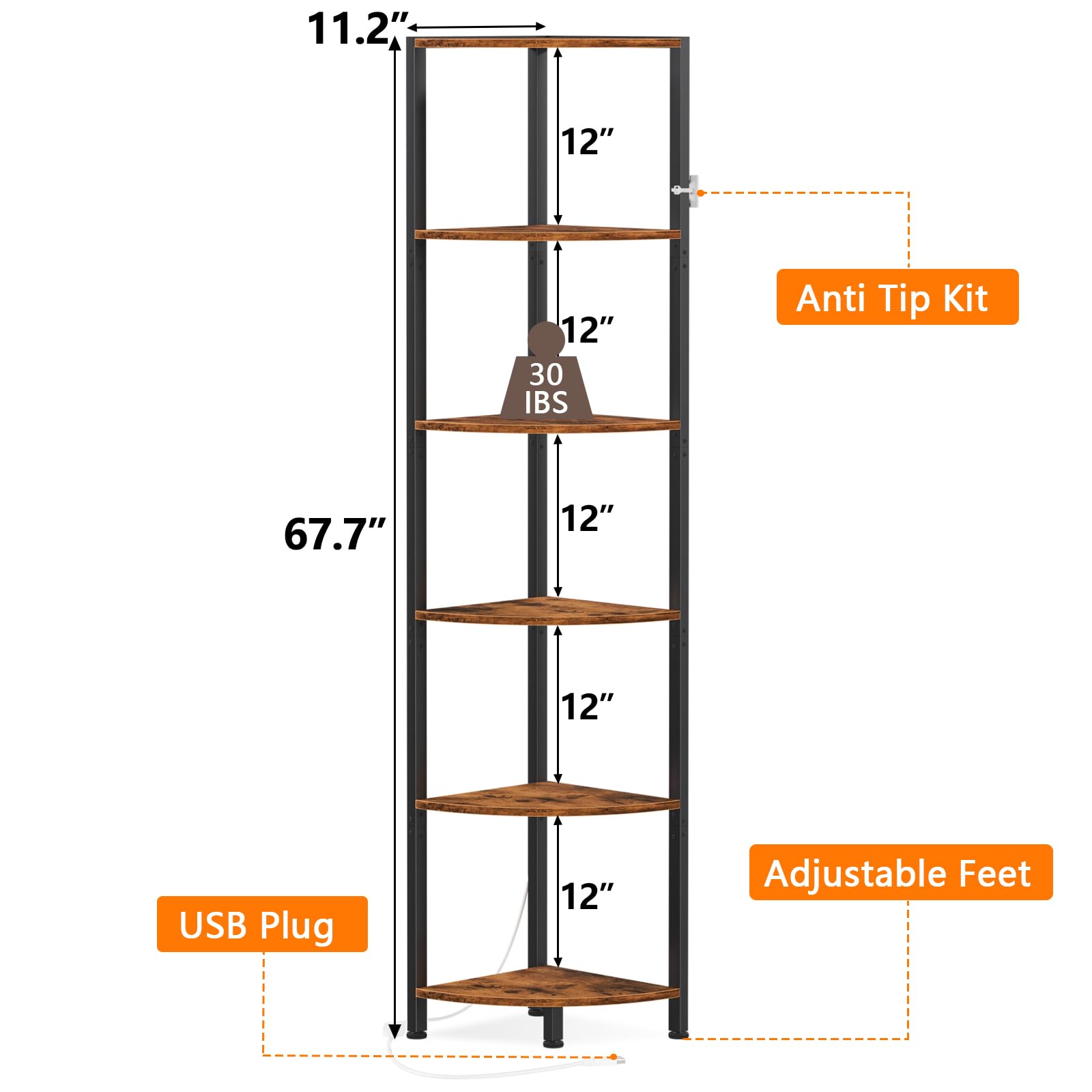 Furnulem 6 Tier Corner Shelf with LED Light, 67.5” Tall Standing Shelf Organizer, Black Narrow Bookshelf with Storage Rack for Wall Corner, Living Room, Bedroom, Metal Frame, Wood Display Shelf