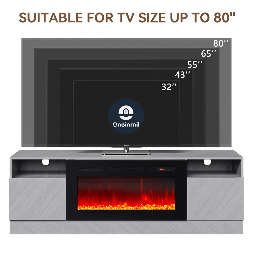 oneinmil Fireplace TV Stand with 36" Electric Fireplace, LED Light Entertainment Center, Modern Wood Texture Entertainment Stand with Highlight Storage Cabinet for TVs Up to 80", 70 inches, Black
