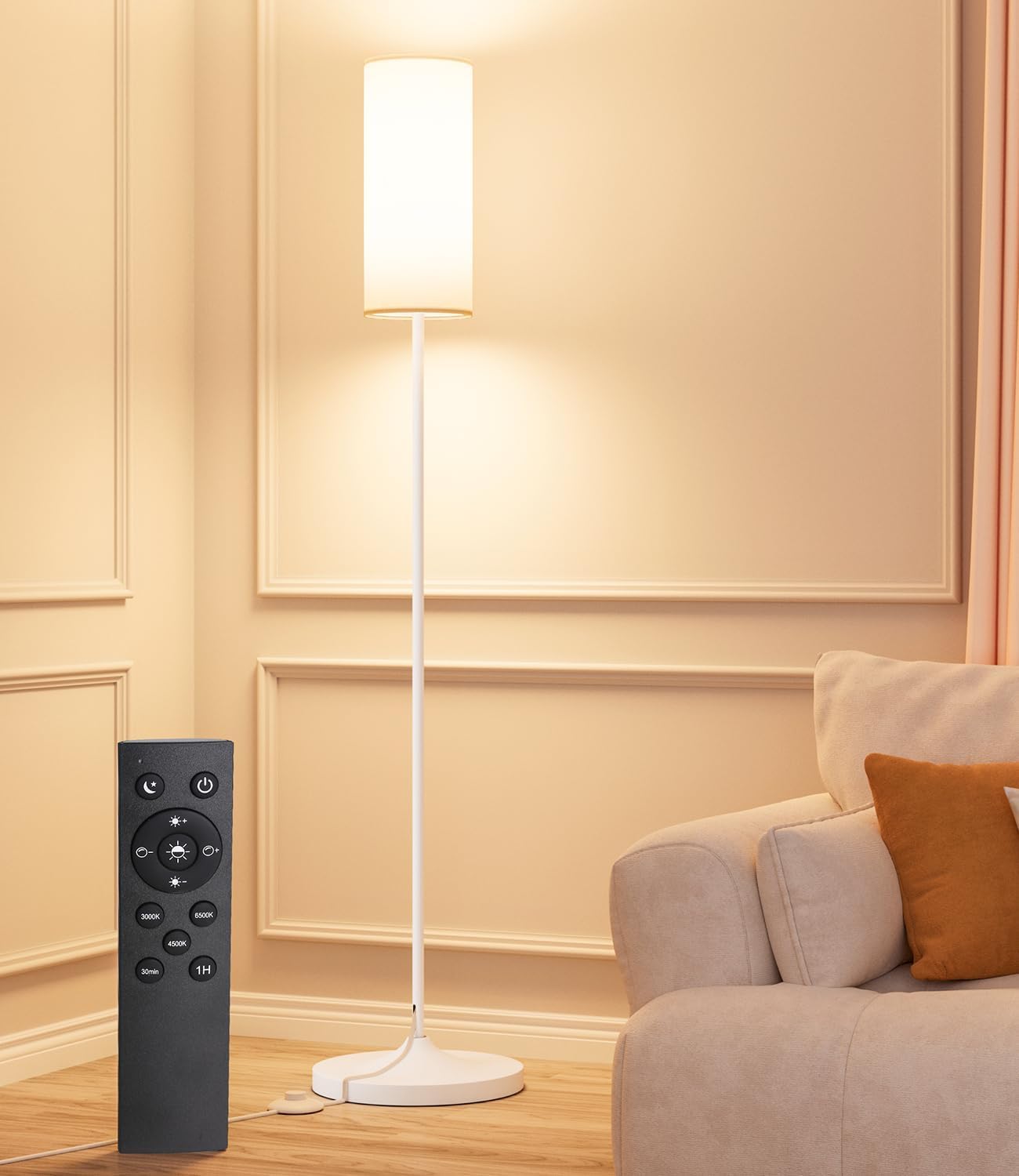 luckystyle Dimmable Floor Standing Tall Lamp, 12W Led Bulb with Lampshade, Foot Switch, Remote Custom Color Temperature Pole for Bedroom, Office, Kids & Living Room, Black