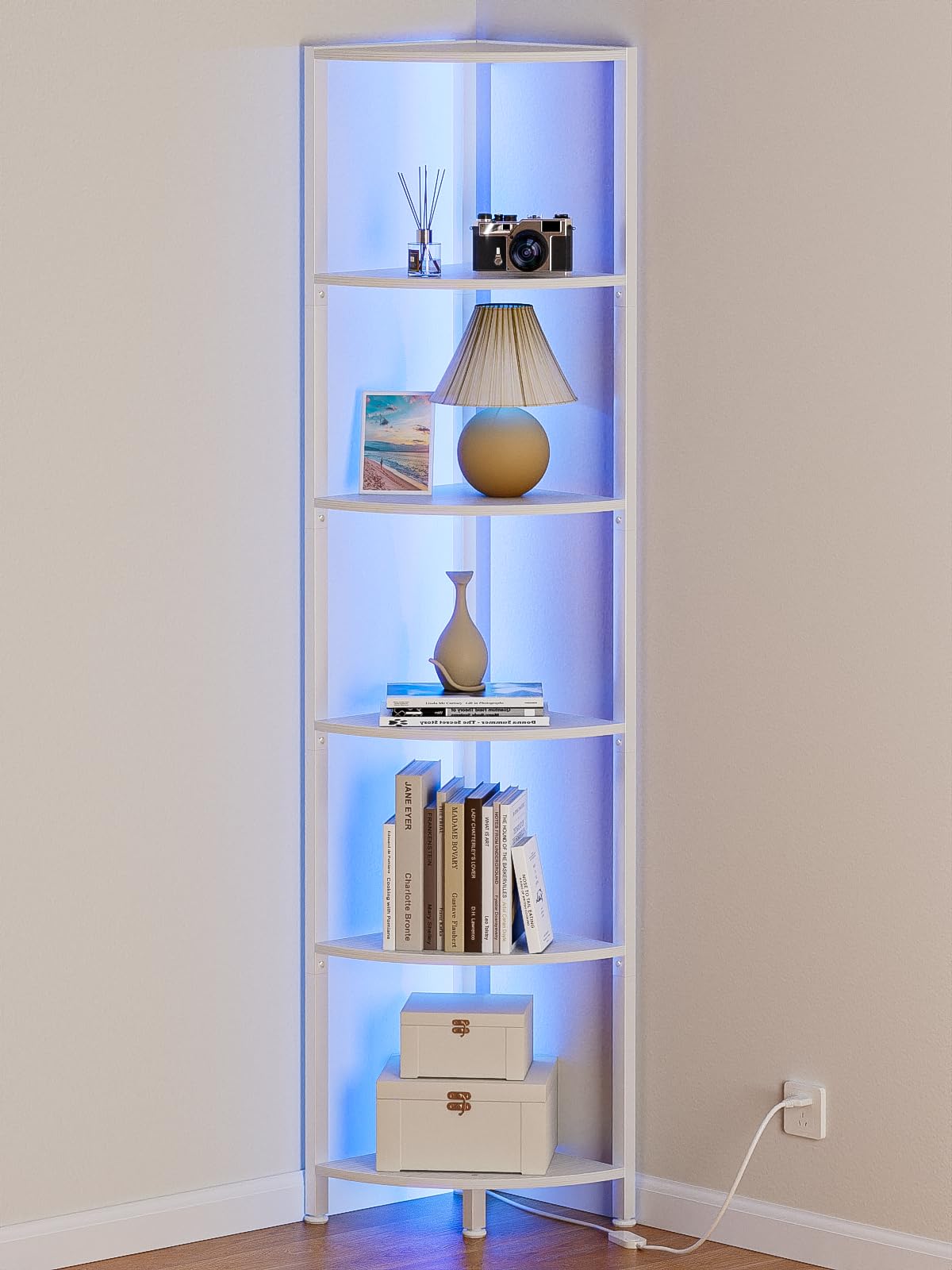 Furnulem 6 Tier Corner Shelf with LED Light, 67.5” Tall Standing Shelf Organizer, Black Narrow Bookshelf with Storage Rack for Wall Corner, Living Room, Bedroom, Metal Frame, Wood Display Shelf
