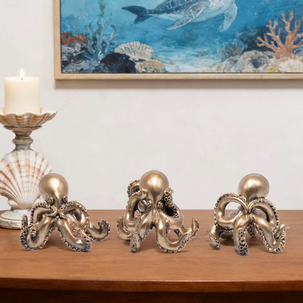 Hodao Octopus Figurines, See No Evil Hear No Evil Speak No Evil Octopus Statues, Cute Resin Octopus Decor for Home Office Desk Shelf, Unique Gift for Animal Lovers & Zen Decor Enthusiasts (Blue)