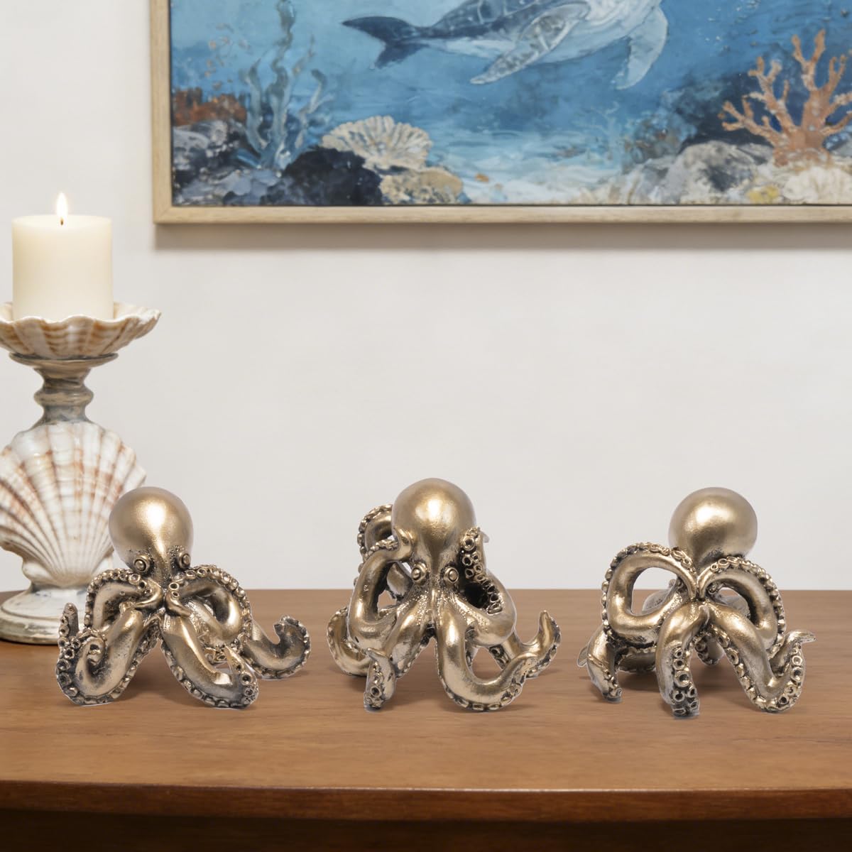 Hodao Octopus Figurines, See No Evil Hear No Evil Speak No Evil Octopus Statues, Cute Resin Octopus Decor for Home Office Desk Shelf, Unique Gift for Animal Lovers & Zen Decor Enthusiasts (Blue)