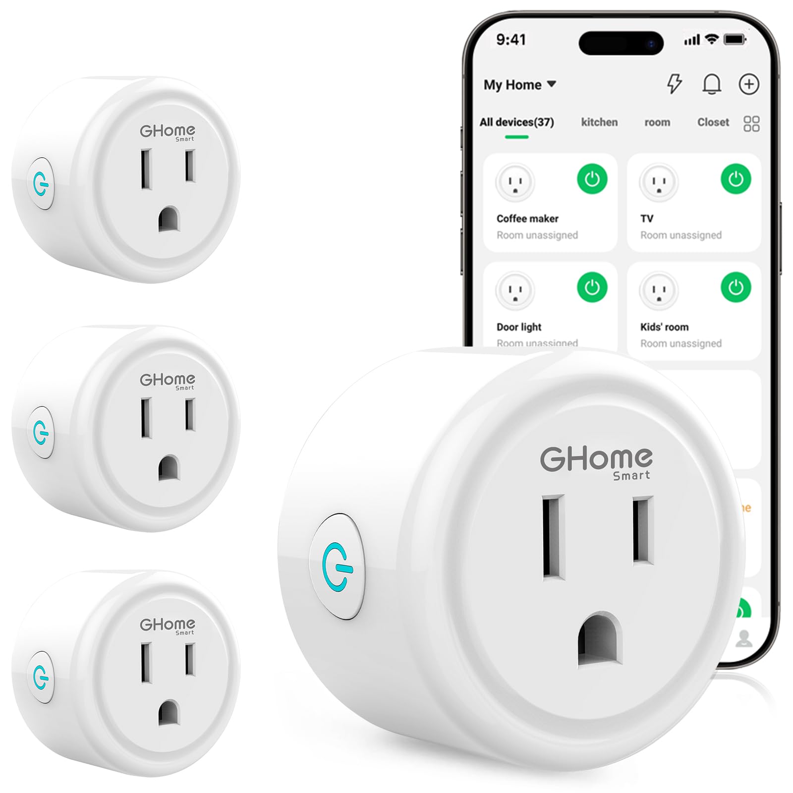 GHome Smart Plug, WiFi Smart Plugs Work with Alexa and Google Home, Smart Outlet Timer with APP Remote Control, 2.4GHz Wi-Fi Only, No Hub Required, ETL FCC Listed, White