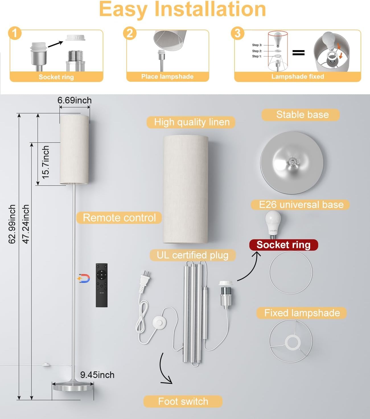 luckystyle Dimmable Floor Standing Tall Lamp, 12W Led Bulb with Lampshade, Foot Switch, Remote Custom Color Temperature Pole for Bedroom, Office, Kids & Living Room, Black