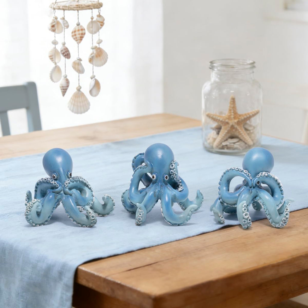 Hodao Octopus Figurines, See No Evil Hear No Evil Speak No Evil Octopus Statues, Cute Resin Octopus Decor for Home Office Desk Shelf, Unique Gift for Animal Lovers & Zen Decor Enthusiasts (Blue)