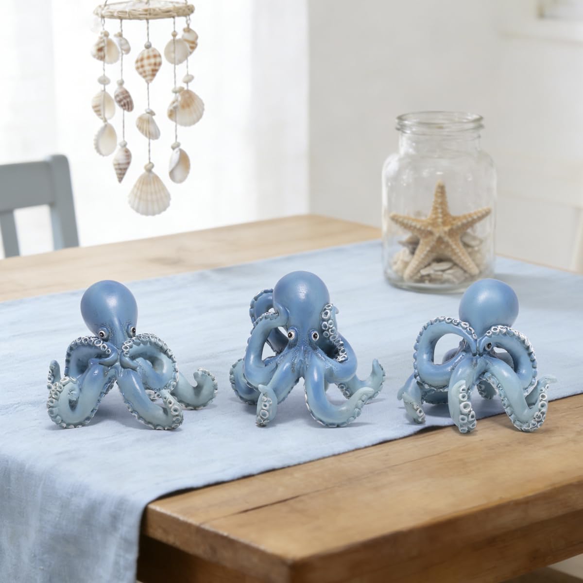Hodao Octopus Figurines, See No Evil Hear No Evil Speak No Evil Octopus Statues, Cute Resin Octopus Decor for Home Office Desk Shelf, Unique Gift for Animal Lovers & Zen Decor Enthusiasts (Blue)