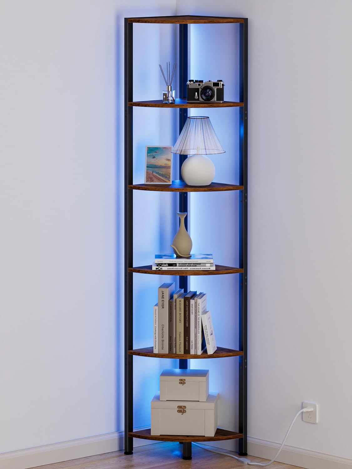 Furnulem 6 Tier Corner Shelf with LED Light, 67.5” Tall Standing Shelf Organizer, Black Narrow Bookshelf with Storage Rack for Wall Corner, Living Room, Bedroom, Metal Frame, Wood Display Shelf