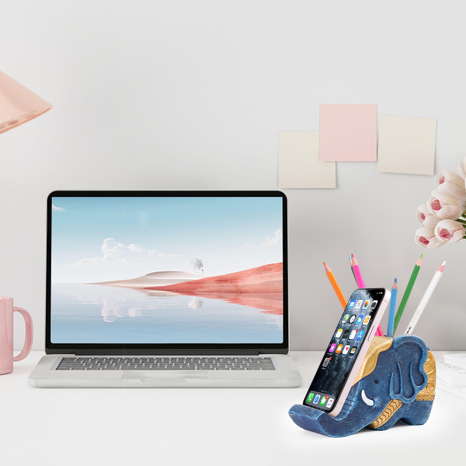 MOKANI Pen Pencil Holder with Phone Stand, Multifunctional Elephant Shaped Desk Organizer Desk Decor Elephant Gifts for Women Cute Desk Accessories Home Office Decoration Thanksgiving Christmas Gift