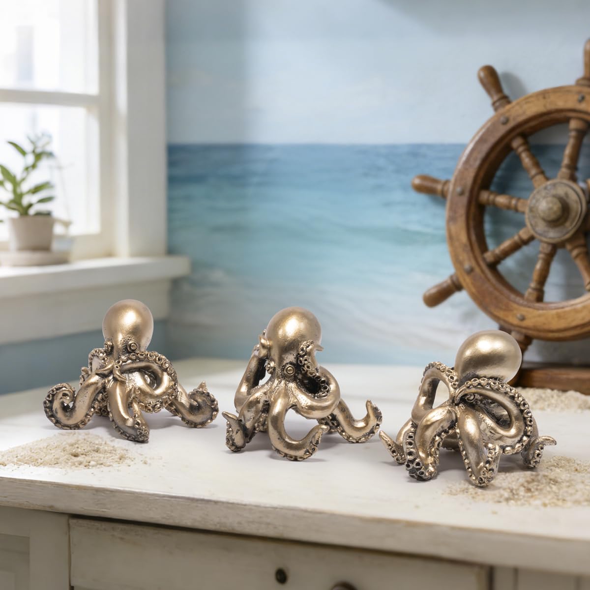 Hodao Octopus Figurines, See No Evil Hear No Evil Speak No Evil Octopus Statues, Cute Resin Octopus Decor for Home Office Desk Shelf, Unique Gift for Animal Lovers & Zen Decor Enthusiasts (Blue)