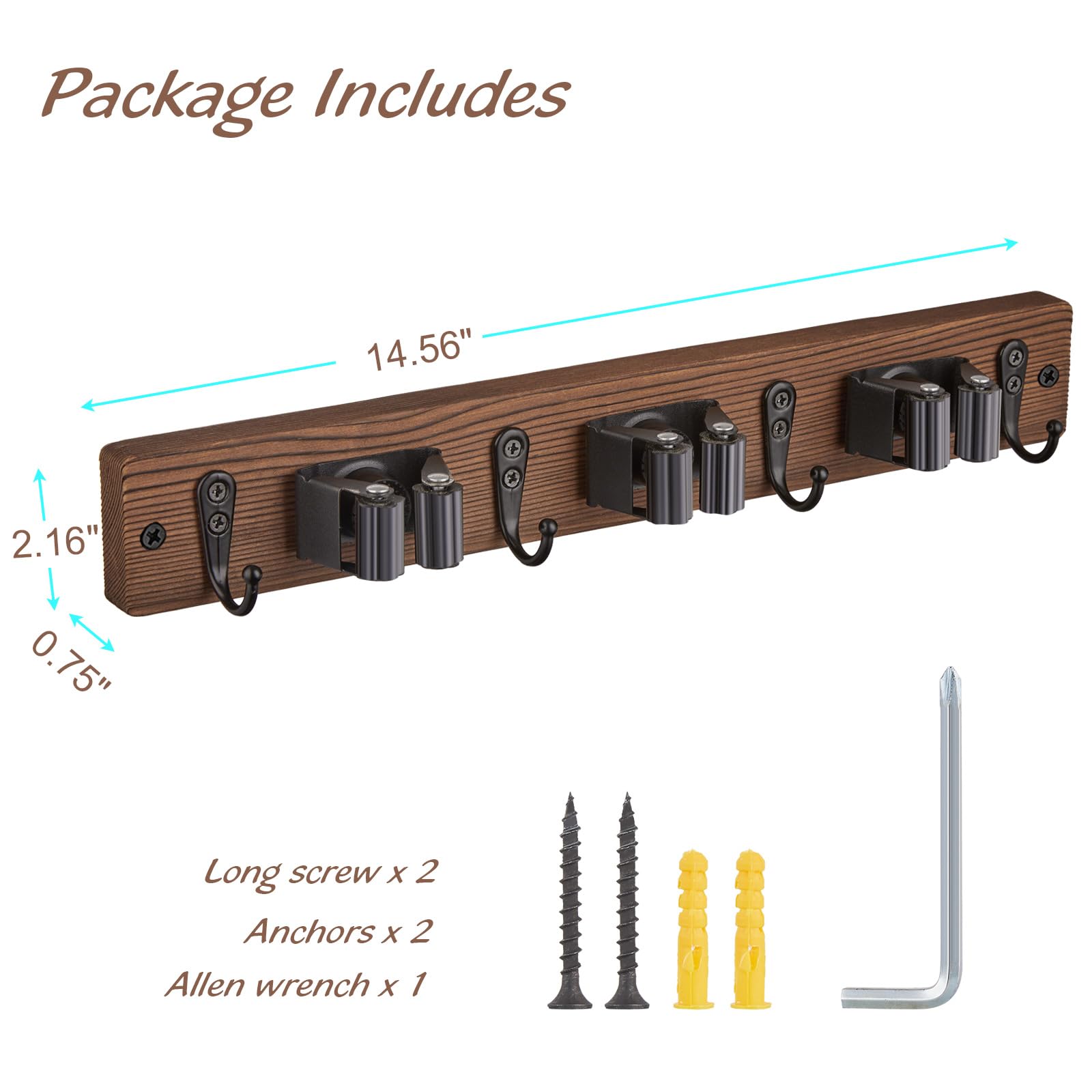 Mop and Broom Holder Wall Mount - Rustic Wood Broom Mop Hanger - Wall Mounted Garden Tool Rack Organizer for Closet Garage Laundry Room Kitchen Decor With 4 Slots & 4 Hooks