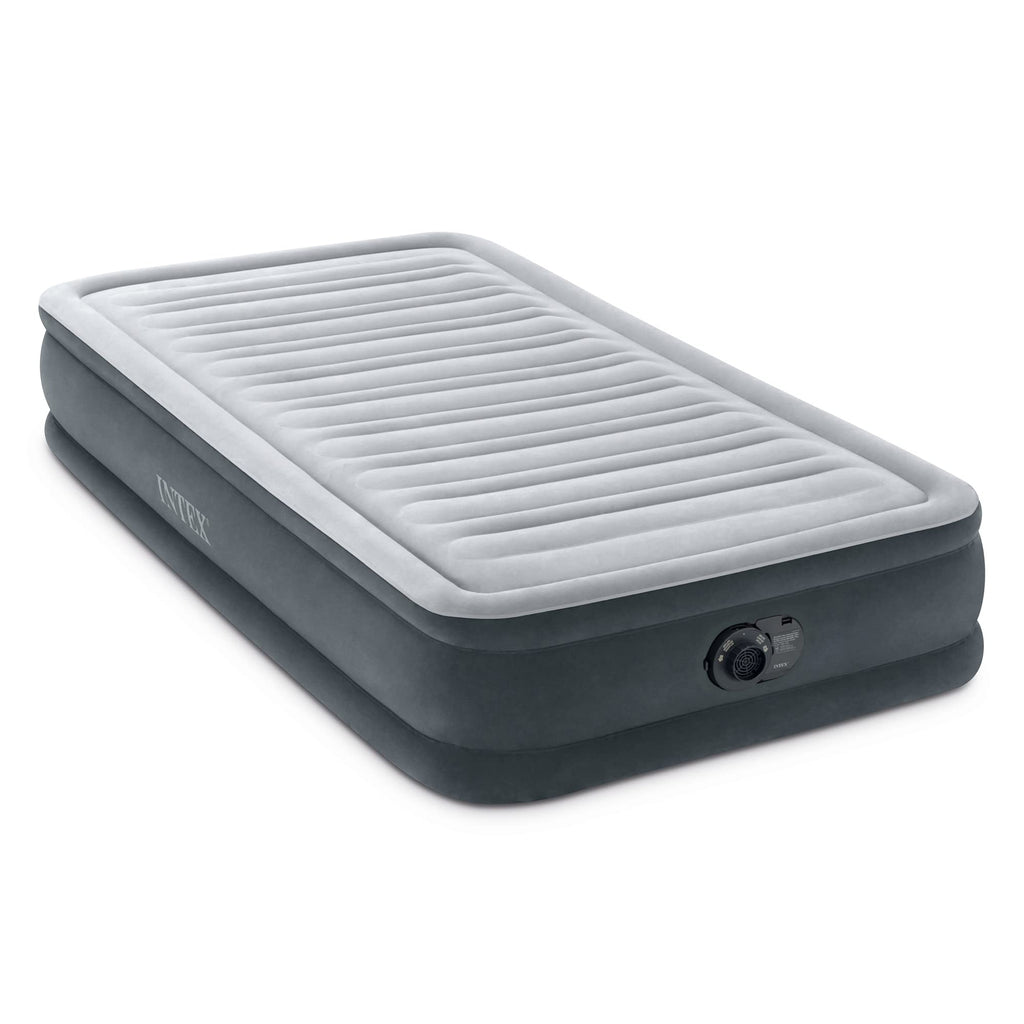Intex 67765ED Dura-Beam Deluxe Comfort-Plush Mid-Rise Air Mattress : Fiber-Tech – Twin Size – Built-in Electric Pump – 13in Bed Height – 300lb Weight Capacity