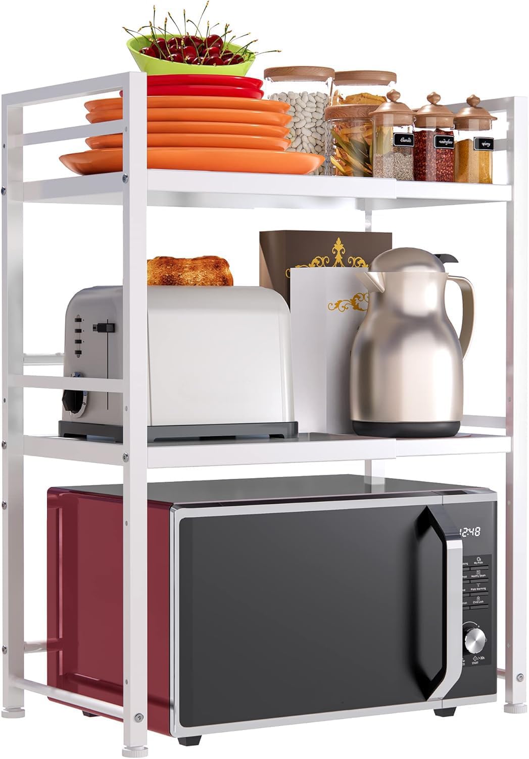 DOLALIKE Microwave Oven Rack, Expandable Microwave Stand Countertop Kitchen Utensils Tableware Storage, Carbon Steel Over Microwave Shelf Countertop with 3 Hooks